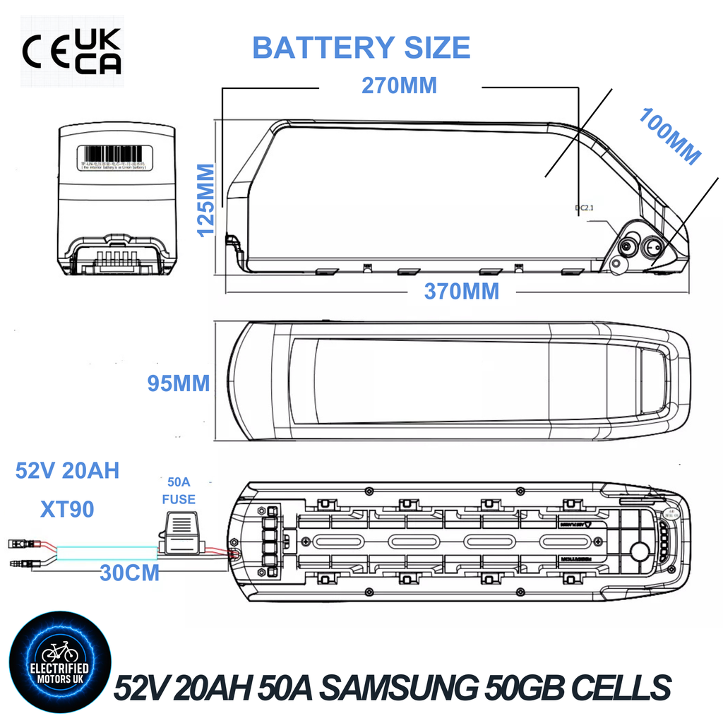 Samsung 52V 20Ah Ebike Battery 50A BMS 21700 Cells XT90 Base 4 Slot + Charger Electric Bicycle 200W-2000W UK