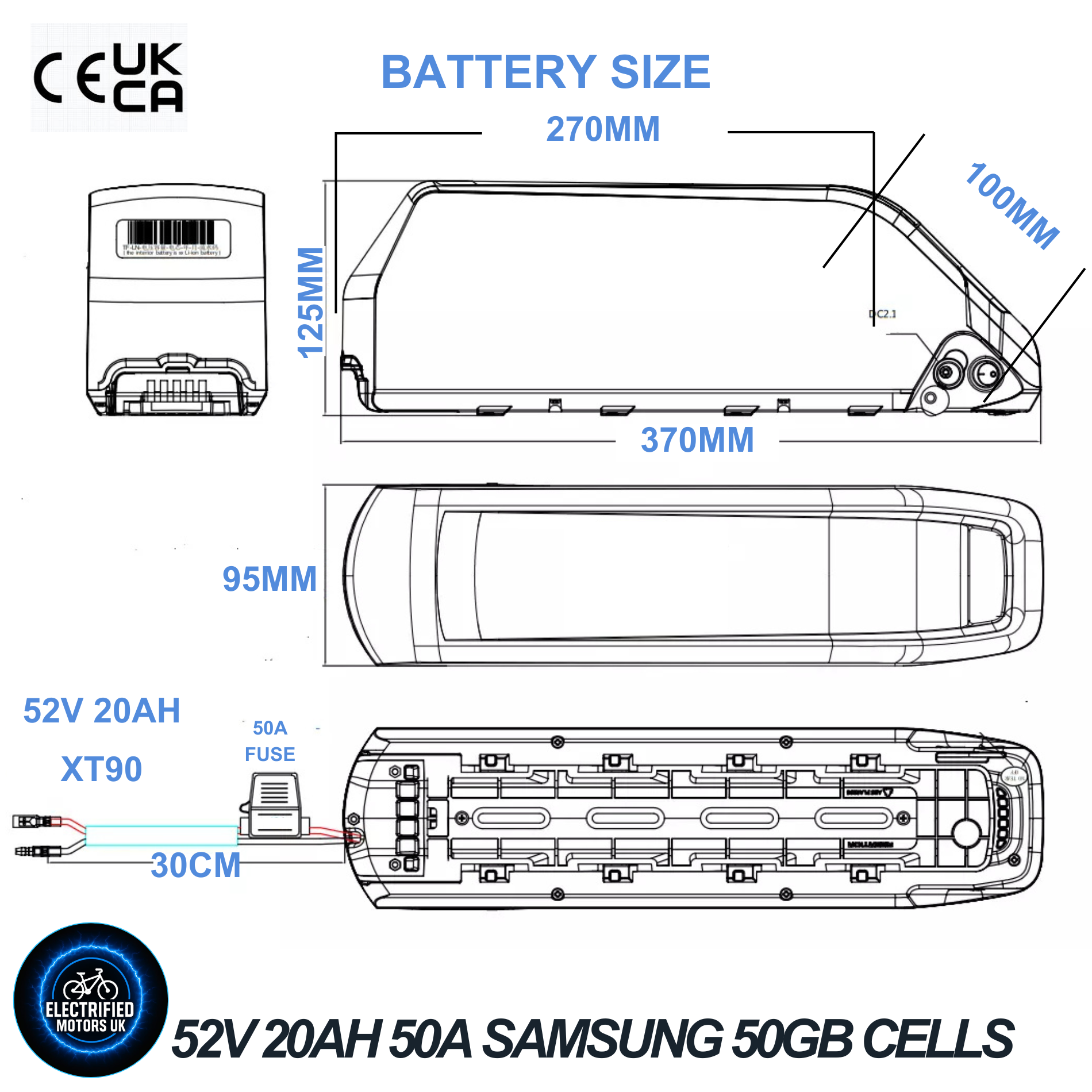 Samsung 52V 20Ah Ebike Battery 50A BMS 21700 Cells XT90 Base 4 Slot + Charger Electric Bicycle 200W-2000W UK