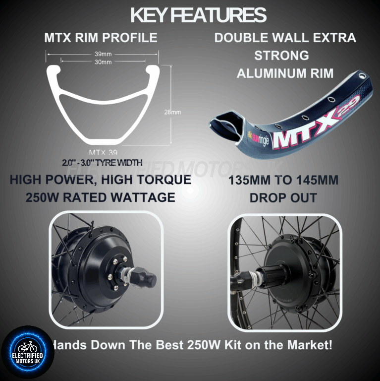 Ultimate MTX 250W E Bike Conversion Kit Cassette 7-11 Speed Rear Wheel LG 36V 10.5AH | 7AH | 48V