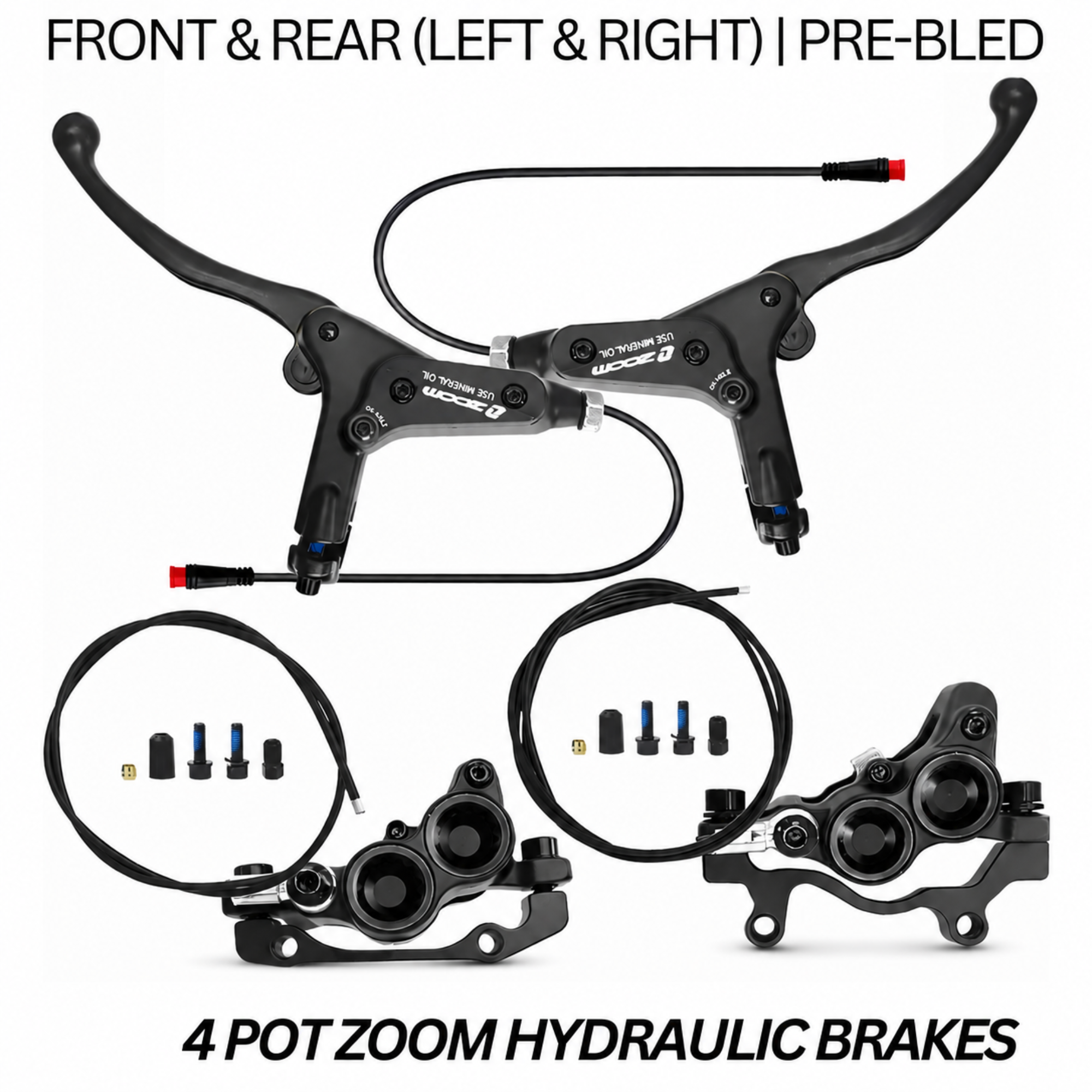 ZOOM 893E 4 Piston Hydraulic Brake Set Pre-Bled Left Right E-Bike + Sensors Black\Red & Black on Black
