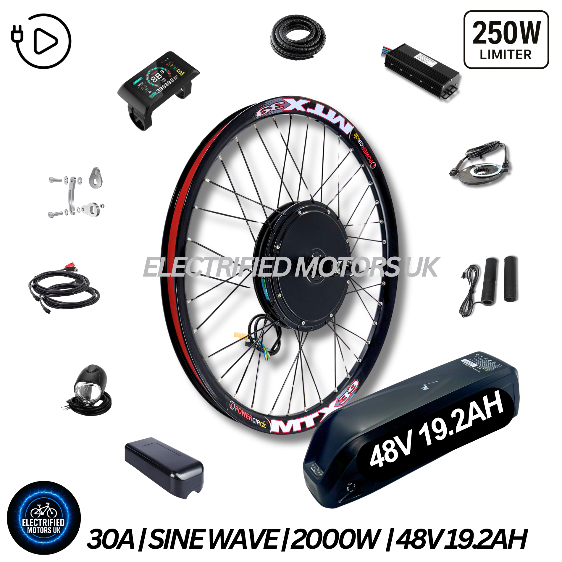 48V 1000W / 250W Electric Bike Conversion Kit – MTX Rear Wheel & Battery – 7-11 Speed Cassette – 26″ 27.5″ 29″ E-Bike Upgrade