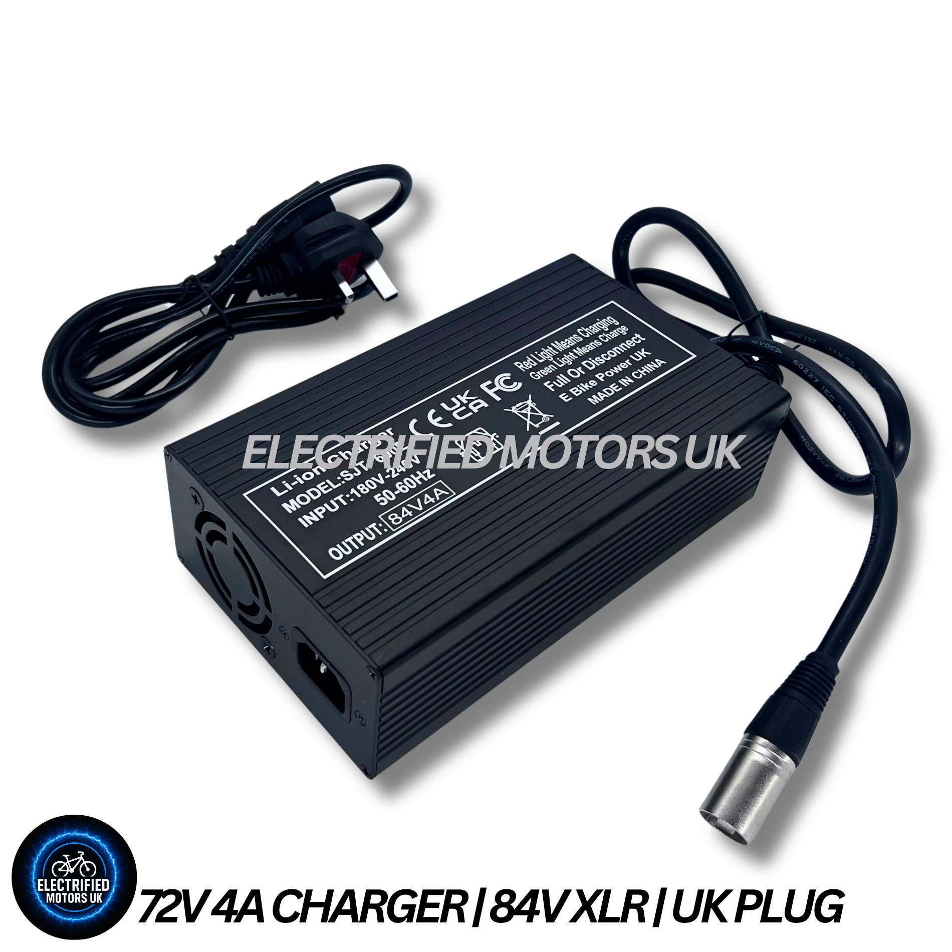 72V/84V E Bike Battery Charger 4A XLR Plug, UK Plug, Fan Cooled, Aluminium Body, Black Finish
