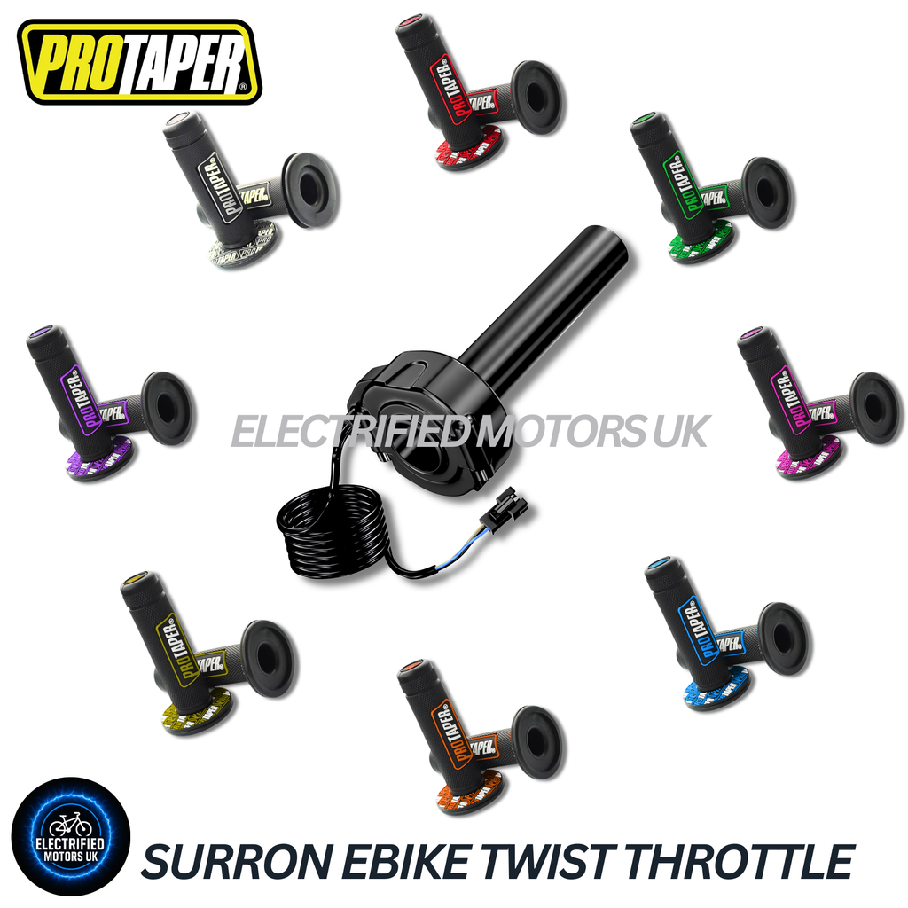 SurRon Style E-Bike Twist Throttle with Protaper Waffle Grips – All Colours – 3 Pin SM JST Plug – Compatible with Sabvoton, Far Driver, DC MOTO, KT Controllers – UK Stock