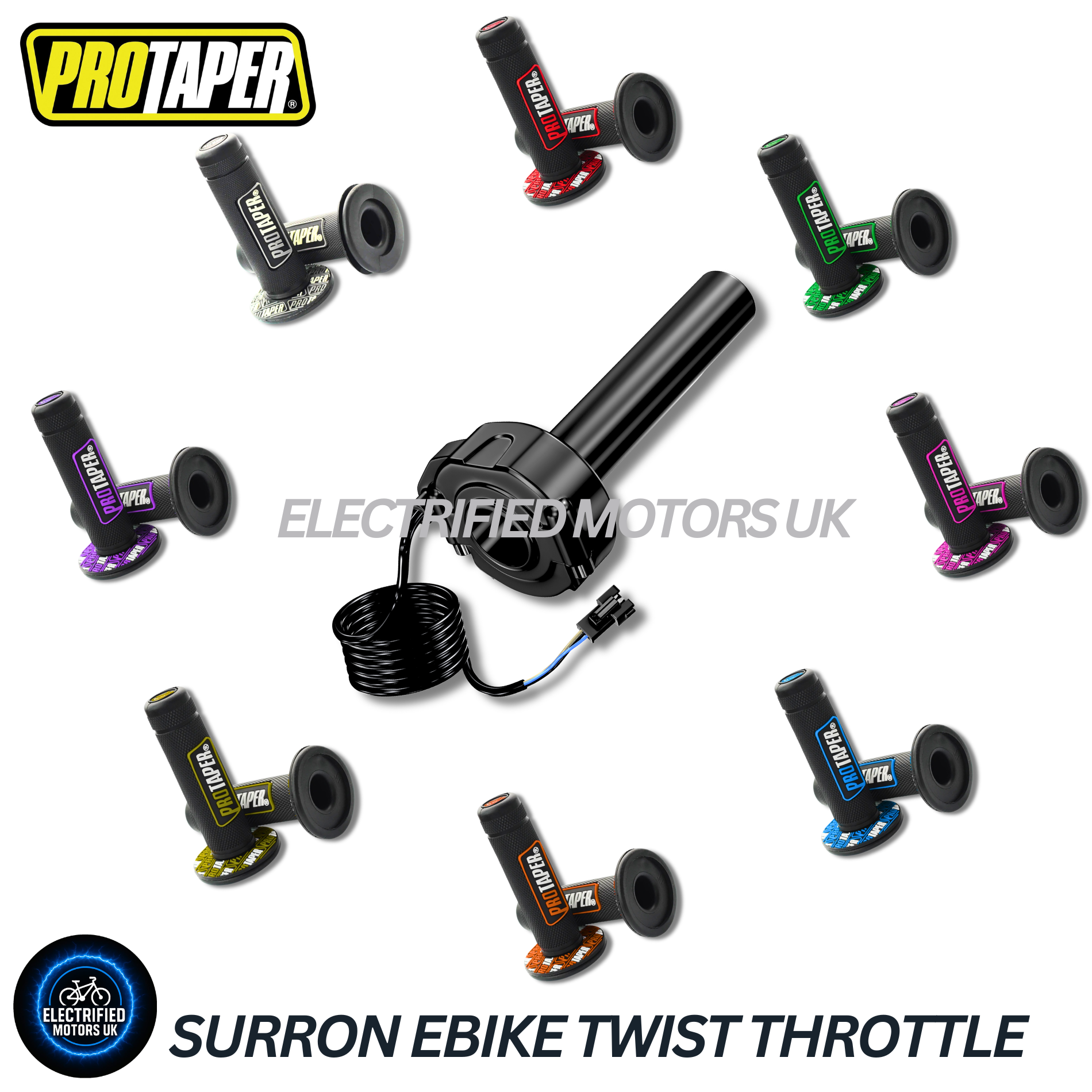 SurRon Style E-Bike Twist Throttle with Protaper Waffle Grips – All Colours – 3 Pin SM JST Plug – Compatible with Sabvoton, Far Driver, DC MOTO, KT Controllers – UK Stock