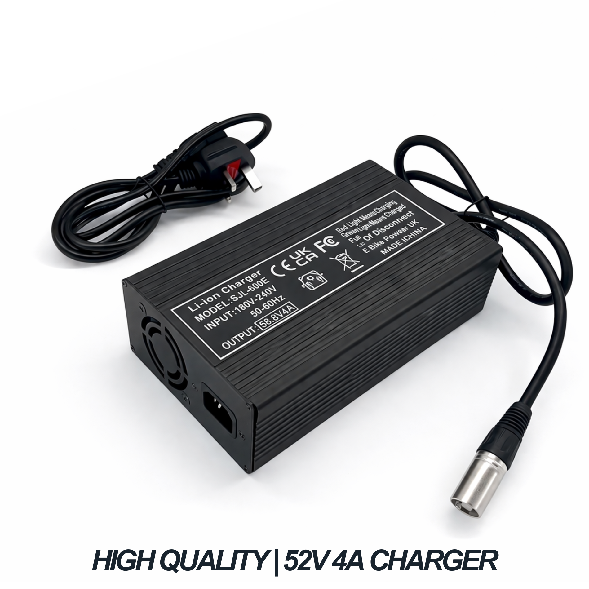 52V (58.8V) Fan Cooled Battery Charger 14s 4A 3 Pin XLR Li-ion UK Plug SJT-600E