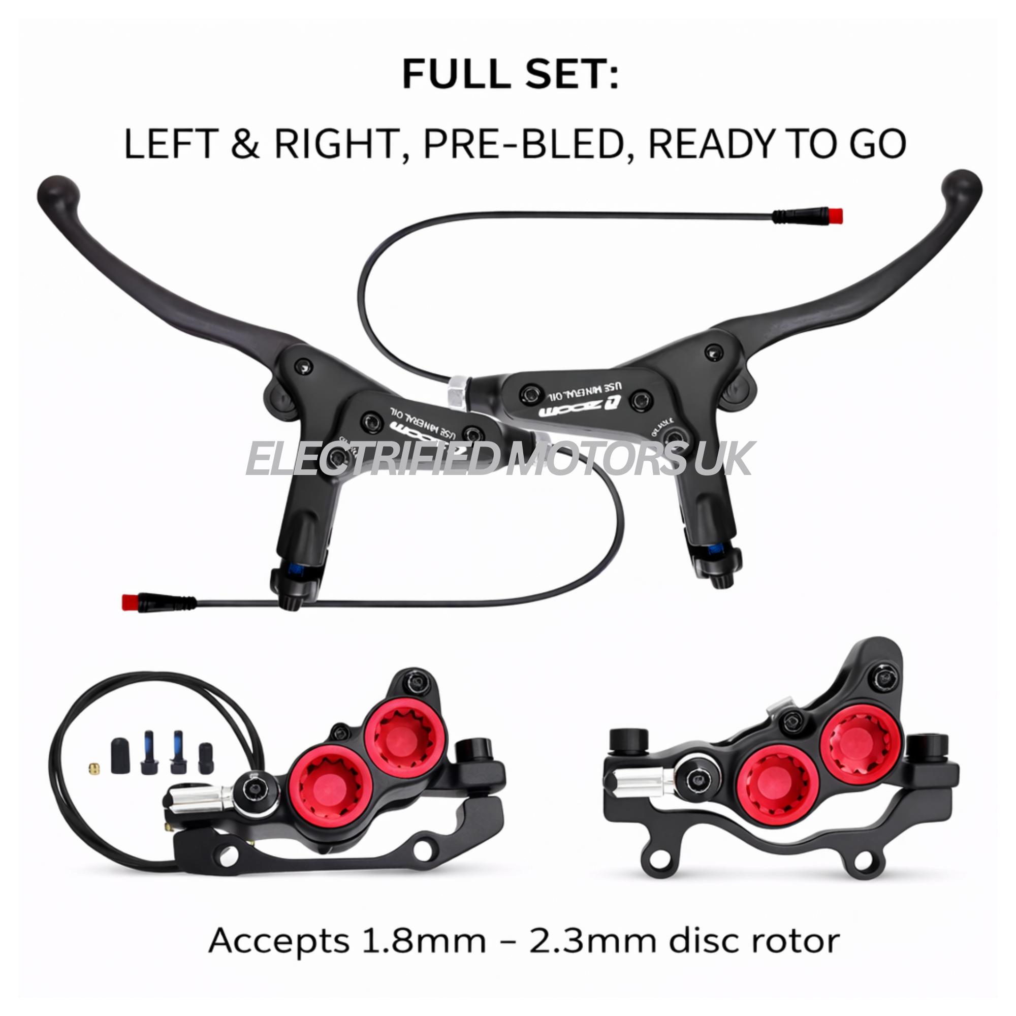 ZOOM 893E 4 Piston Hydraulic Brake Set Pre-Bled Left Right E-Bike + Sensors Black\Red & Black on Black