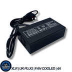 72V/84V E Bike Battery Charger 4A XLR Plug, UK Plug, Fan Cooled, Aluminium Body, Black Finish