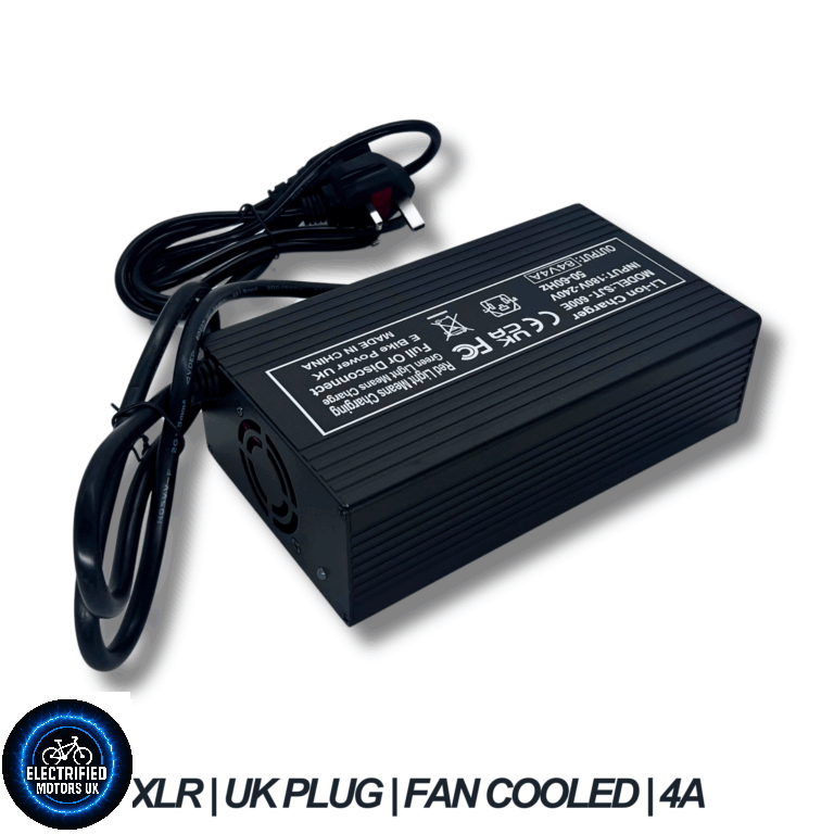 72V/84V E Bike Battery Charger 4A XLR Plug, UK Plug, Fan Cooled, Aluminium Body, Black Finish