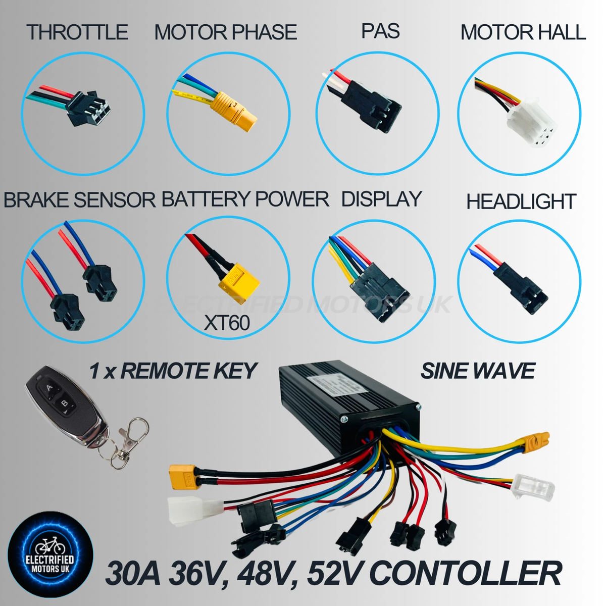 YF E Bike 30A Sine Wave Controller 36V48V52V Speed Limiter Key 750W1000W1500W